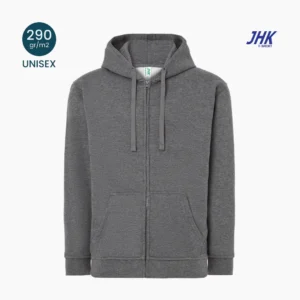 Fronte della felpa pesante JHK uomo 290 gr/m2 con cappuccio e zip intera, colore dark melange
