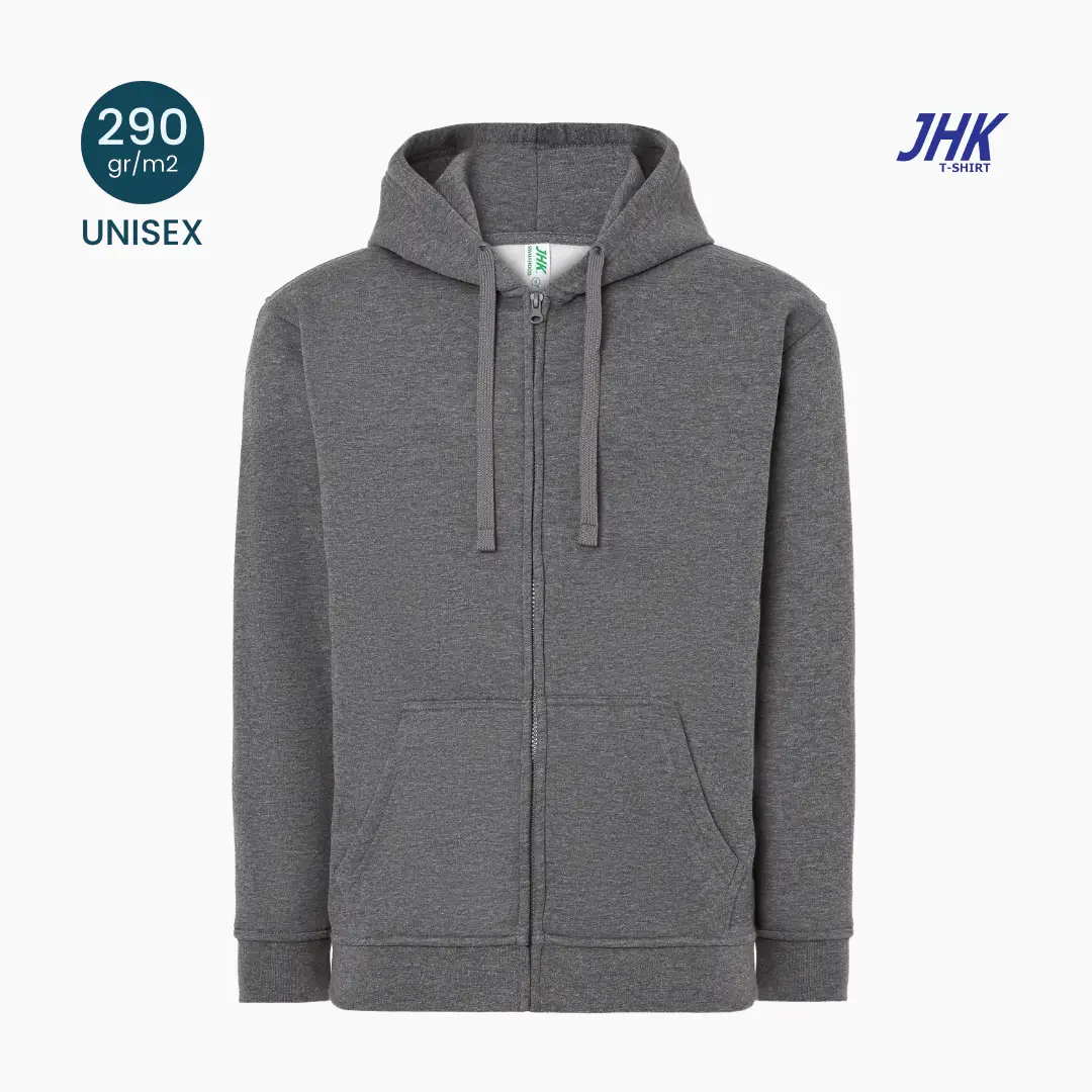 Fronte della felpa pesante JHK uomo 290 gr/m2 con cappuccio e zip intera, colore dark melange