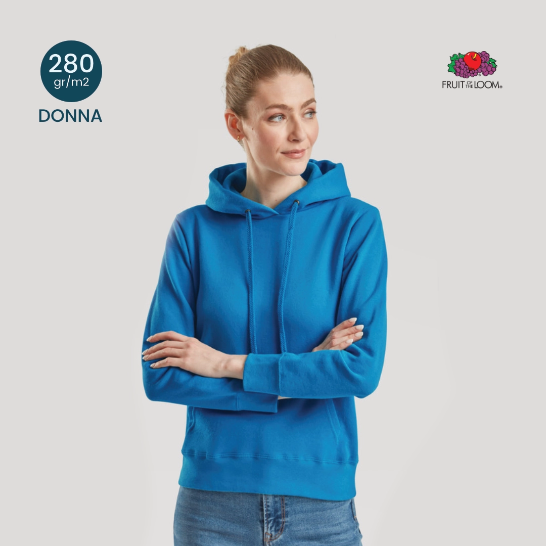 Felpa donna con cappuccio Fruit of the Loom 280g vista frontale, modello sfiancato per divise femminili
