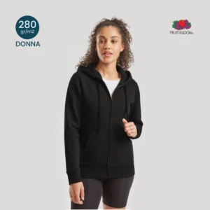 Felpa cappuccio e zip donna Fruit of the Loom 280g fronte, modello sfiancato per team e società