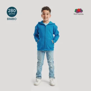 Felpa zip intera e cappuccio bambino Fruit 280g, vista frontale con zip coperta