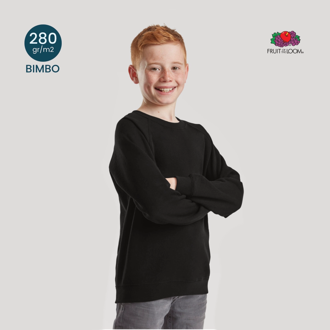 Felpa girocollo bambino Fruit of the Loom 280g vista frontale, resistente ai lavaggi frequenti per la scuola.