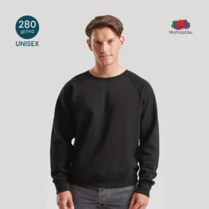 Felpa girocollo raglan unisex Fruit of the Loom 280g vista frontale, ideale per personalizzazione logo.