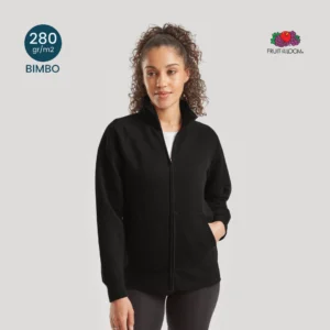 Felpa zip intera donna Fruit of the Loom 280g senza cappuccio vista fronte, stile sobrio ed elegante