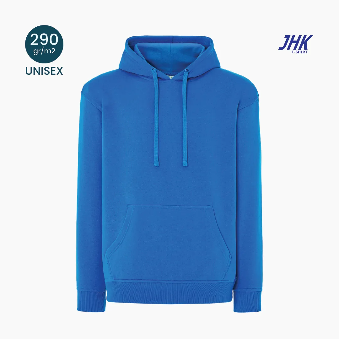 Felpa cappuccio e tascone unisex JHK 290 g/m² vista frontale per personalizzazione.