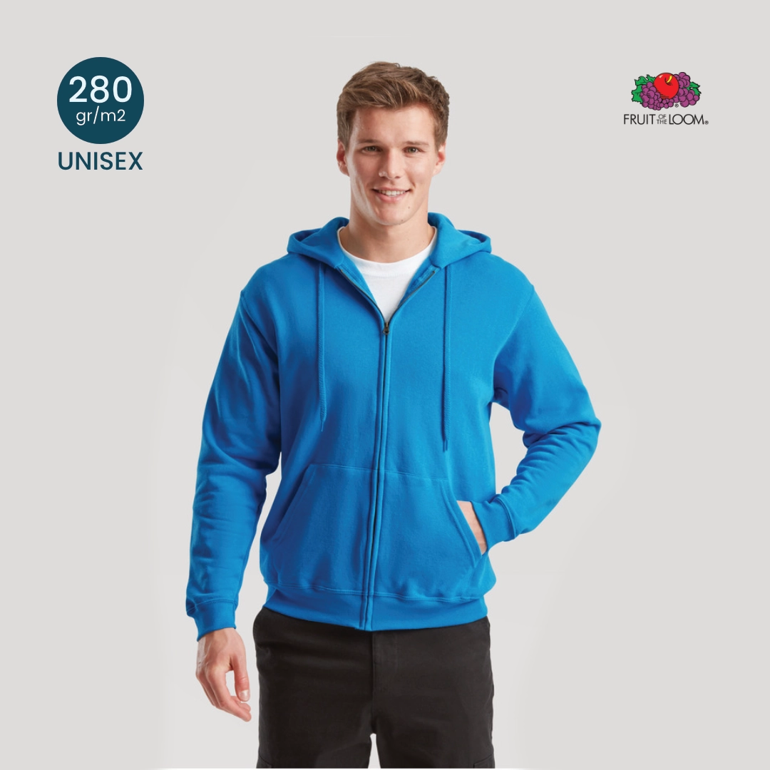 Felpa zip e cappuccio unisex Fruit of the Loom 280g fronte, pratica chiusura e tessuto caldo per team.