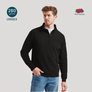 Felpa mezza zip unisex Fruit of the Loom 280g fronte, stile sobrio per contesti tecnici o fiere.