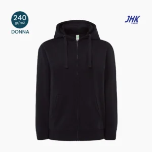 Felpa donna JHK 240 g/m² con zip intera e cappuccio, vista frontale.