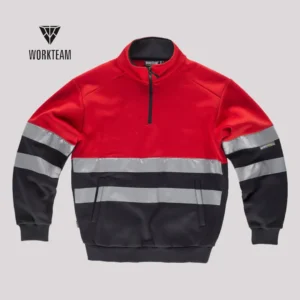 felpa da lavoro senza cappuccio mezza zip bicolore rossa e nera con bande rifrangenti