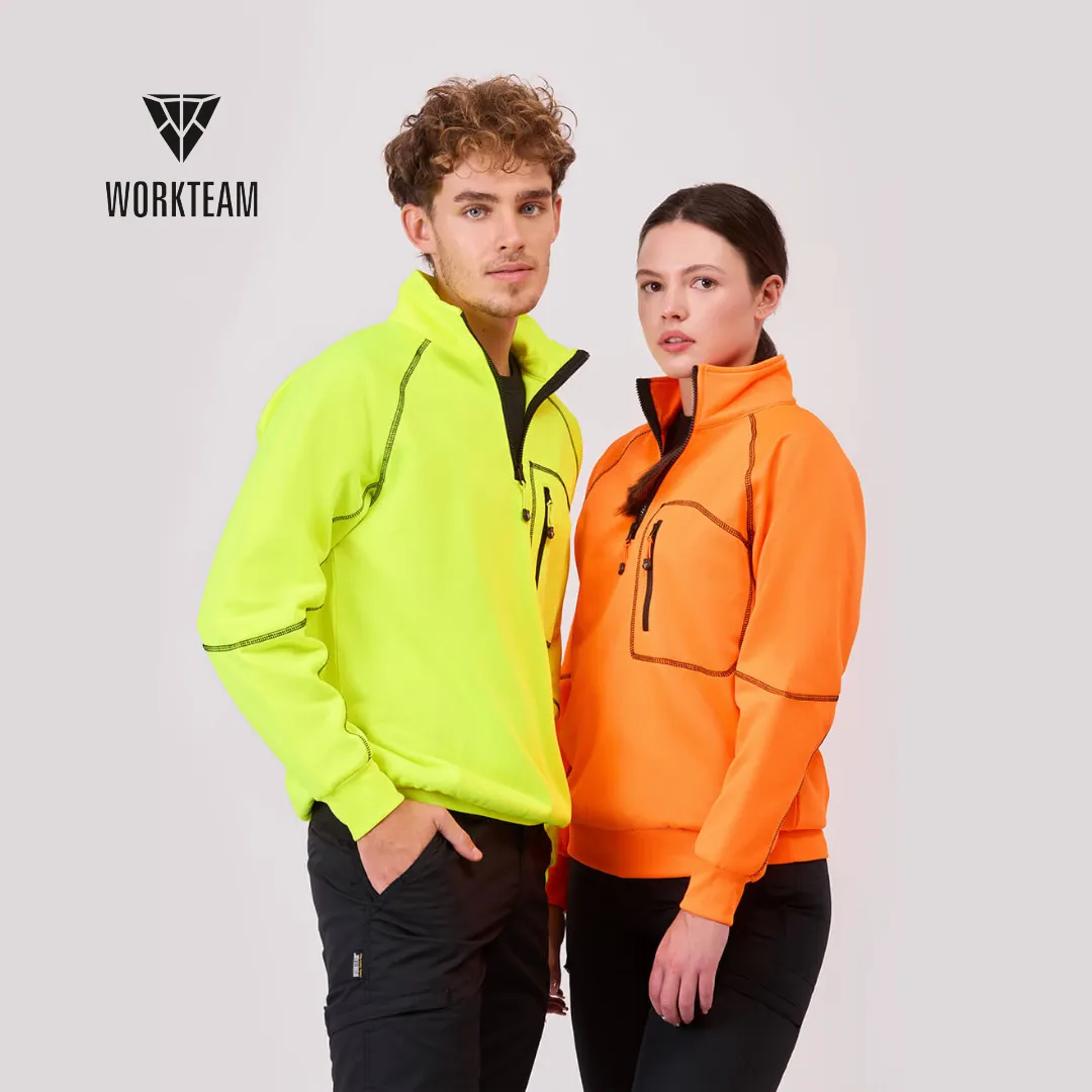 Felpa da lavoro alta visibilità gialla e arancione con cuciture nere a contrasto