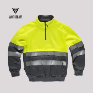 Felpa bicolore con mezza zip e bande rifrangenti grigio e giallo fluo