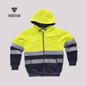 Felpa con cappuccio e zip intera, bande rifrangenti e bicolore alta visibilità, disponibile in giallo fluo e arancio fluo