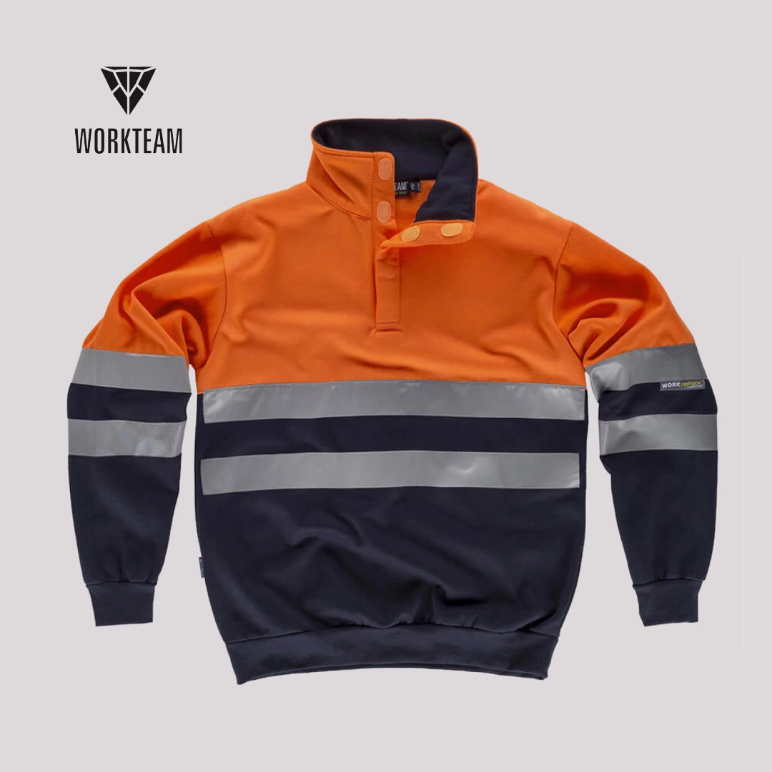 Giacca alta visibilità con bande rifrangenti e collo alto con velcro arancione e blu navy