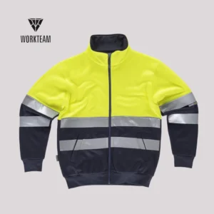 Giacca con zip intera bicolore alta visibilità con bande rifrangenti su petto e maniche gialla fluo